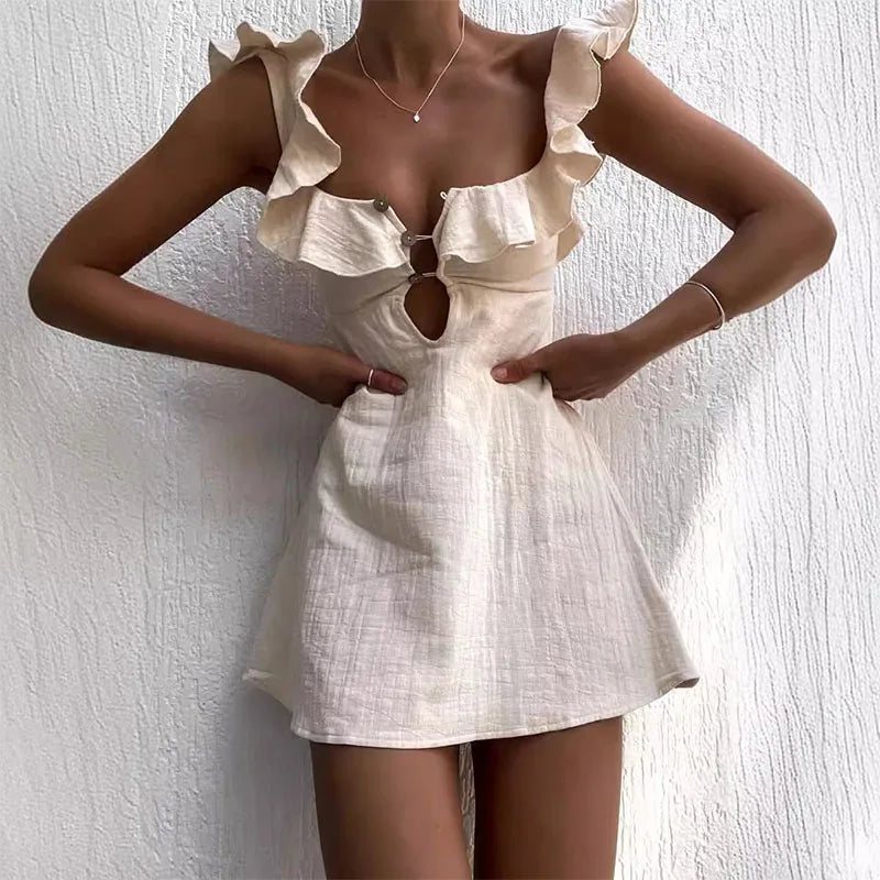 Ruffles Short Sexy V Neck s Solid Color Cotton Linen Mini Dress