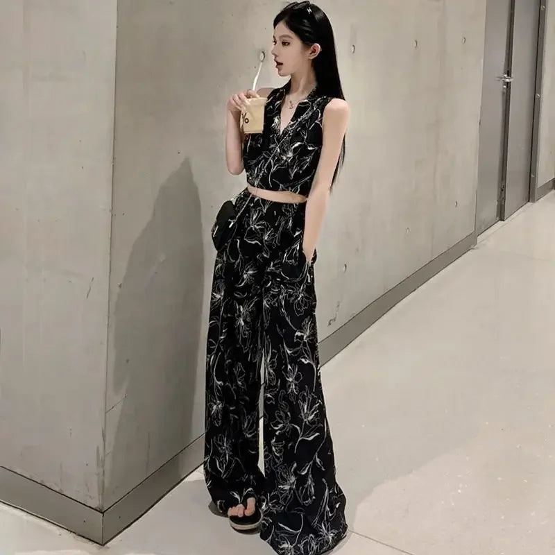Women's Top And Pants Two Piece Set Summer 2024 Printing Wide Leg Ladies Trouser Y2k Streetwear With Sleeve Offer Korean Style