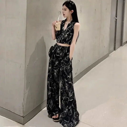 Women's Top And Pants Two Piece Set Summer 2024 Printing Wide Leg Ladies Trouser Y2k Streetwear With Sleeve Offer Korean Style