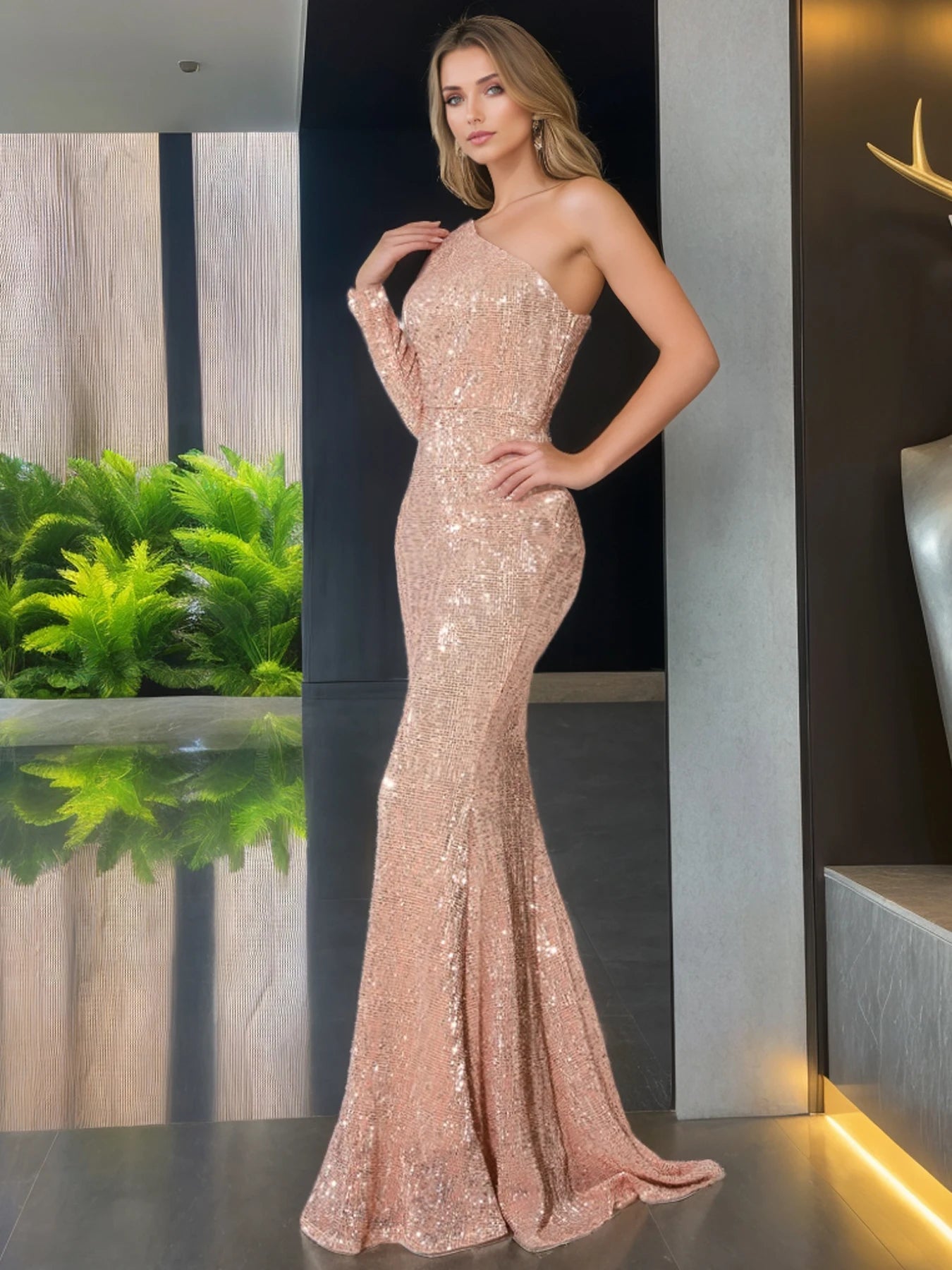 Romagic One Shoulder Long Sleeve Sequin Stretchy Evening Party Dress Mermaid Formal Prom Gown Women Gold Wedding Dresses Winter