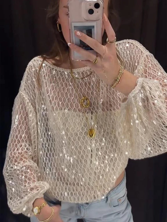 Sequin Mesh Top T-Shirt Knitted Hollowed Out Beads Sparkling Round Neck Long Sleeves Loose Women Short Blouse Knitwear Pullover