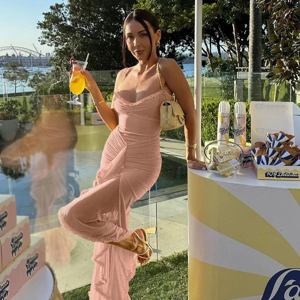 Suninheart Mesh Party Dresses 2024 New Arrivals Spaghetti Strap Bodycon Dress Fashion Ruched Long Dress Women