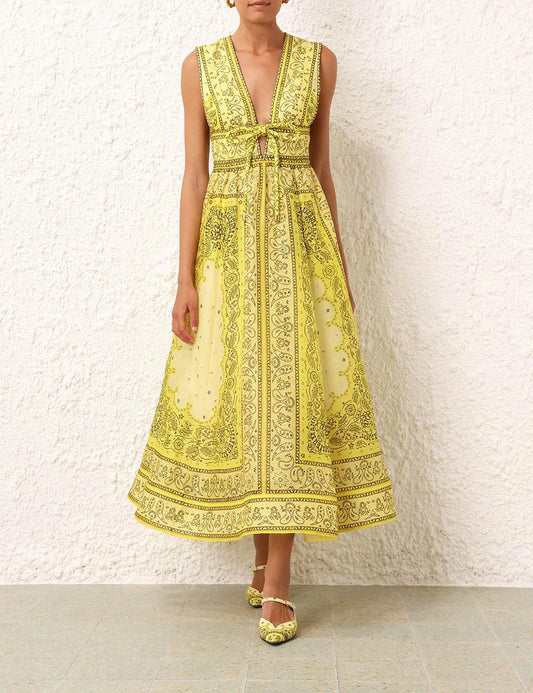 Zimm Silk Linen V Neck Sleeveless Summer Women Dress Runway Designer Chic High Quality