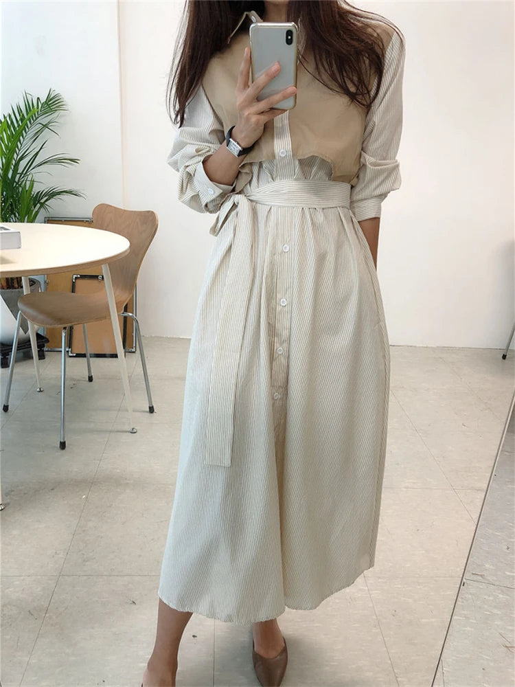 REALEFT Autumn French Striped Women's Shirts Dresses Lace Up Straight Korean Casual Loose A-Line Long Dress Female 2023 New