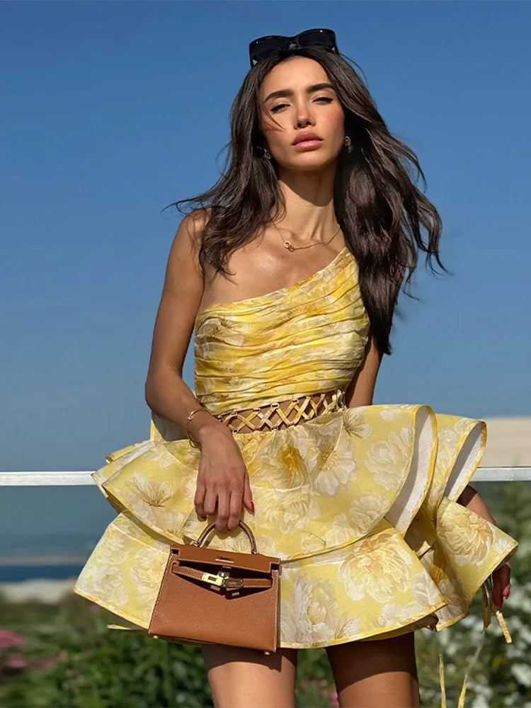 Single Shoulder Hollow Out Dresses Woman Pleated Printed Sleeveless Short Dress Elegant Fashion New Women's Fluffy Mini Dress