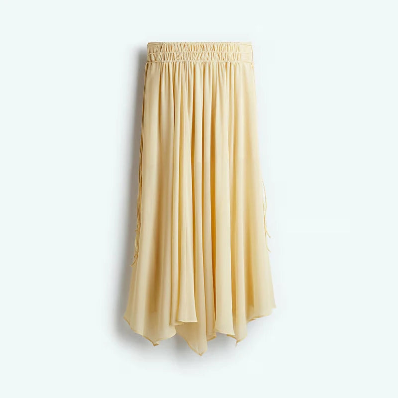 V-Neck Lace Up Shirt Top Yarn Skirt Set Ruffle Pleated Waist Cinched Flared Sleeve Loose Shirts Elastic Waist Blouse Long Skirts