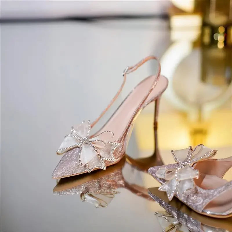 Transparent Thin Heels Women's Shoes Footwear Silver Pointed Toe Sandals for Woman Bow Rhinestones High Summer 2024 Asian Size H