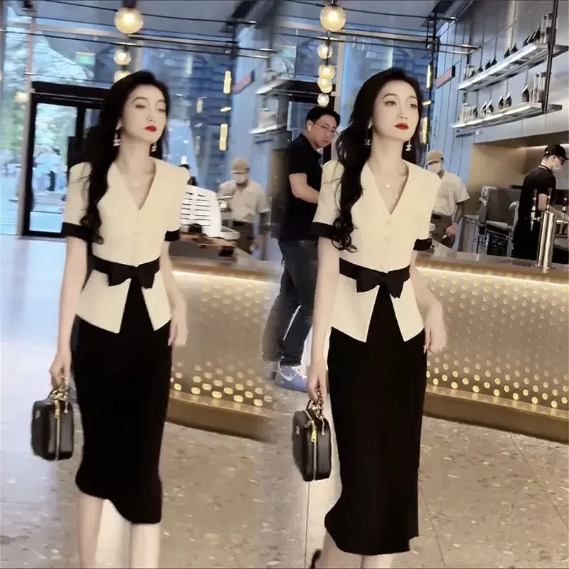 Suits Sexy Skirt Office Female Outfits Midi Women's Two Piece Set Slit Short Sleeve Maxi Long Stylish Clothing Trend 2024 Luxury