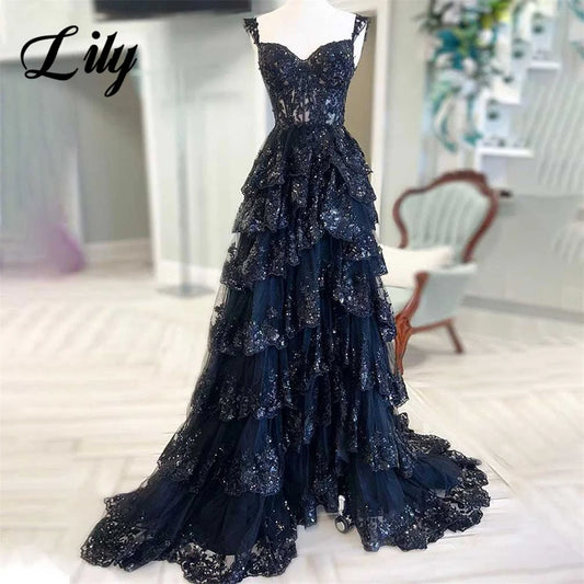 Lily Navy Blue A Line Formal Dress Tiered Sweetheart Party Dress Pleats Spaghetti Strap Special Occasion Dress 프롬 드레스 Customized