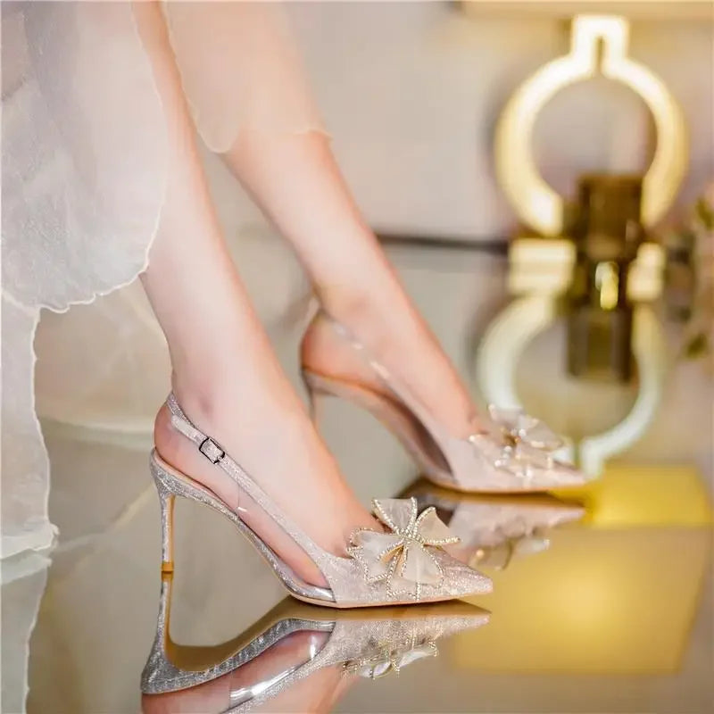 Transparent Thin Heels Women's Shoes Footwear Silver Pointed Toe Sandals for Woman Bow Rhinestones High Summer 2024 Asian Size H
