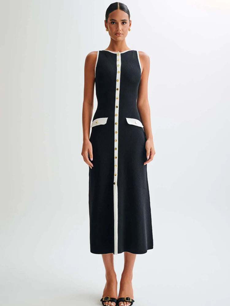 Knit Ribbed Cardigan Maxi Dress Female High Waist Slim Pocket Sleeveless Elegant Party Dress Women's Knitwear Long Dress