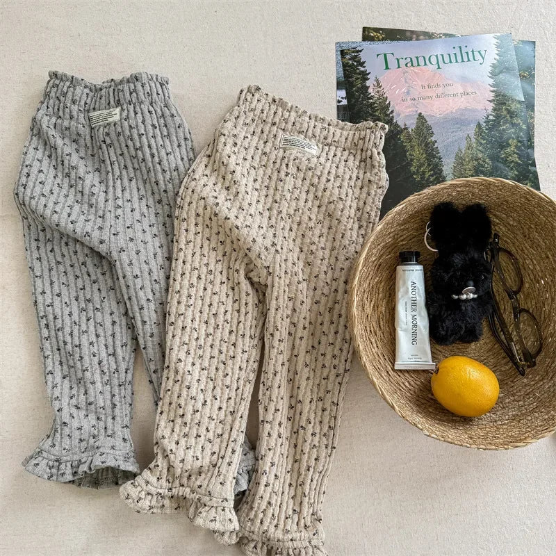 4844 Children Pants 2024 Autumn and Winter New Girls' Winter Plus Velvet Lace Leggings Pants 1-7Year Kid's Pants Trousers