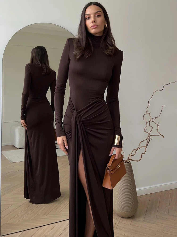 Mozision Turtleneck Thigh High Split Sexy Maxi Women Fashion Long Sleeve Draped Bandage Bodycon Club Long Dress
