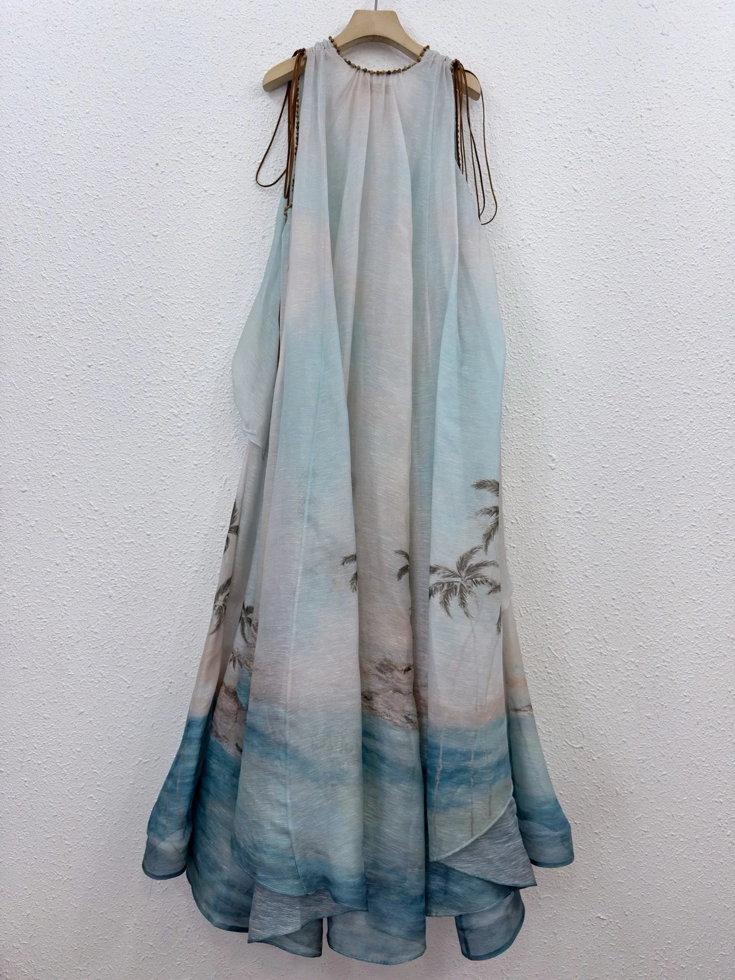 Zimm Printing V-Neck Silk Linen Women Sleeveless Midi Dress Vintage Bohemian Elegant Luxury Runway Designer Sweet